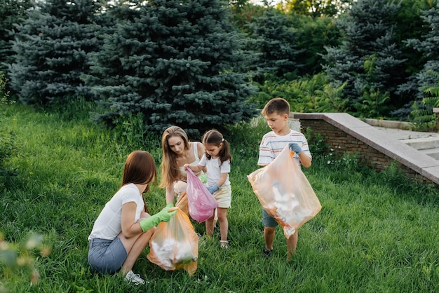 Eine Gruppe von Erwachsenen und Kindern beschäftigt sich bei Sonnenuntergang gemeinsam mit der Müllabfuhr im Park Umweltschutz Abfallrecycling Sortierung von Müll