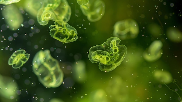 Eine Gruppe von Euglenoiden, die winzigen grünen Gelee-Bohnen ähneln, schwimmen zusammen in einem Tropfen Süßwasser