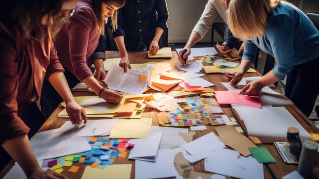 Foto eine gruppe von fachleuten arbeitet an einem tisch zusammen, der mit verschiedenen papieren und postit-noten gefüllt ist