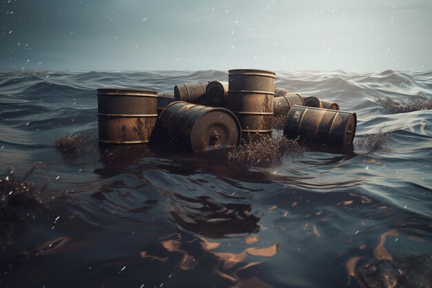 Eine Gruppe von Fässern, die im Wasser schwimmen und auf denen das Wort Öl steht.