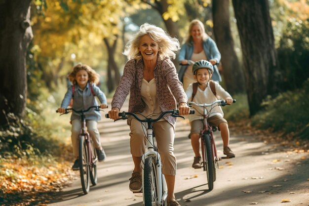 Eine Gruppe von Familienmitgliedern fährt mit dem Fahrrad eine Straße in einem Park hinunter. Alte Frau auf dem Fahrrad im Vordergrund