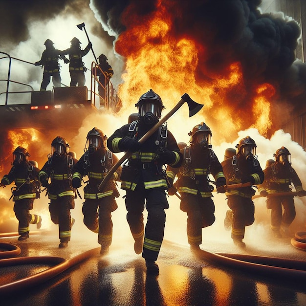 Eine Gruppe von Feuerwehrleuten bekämpft das Feuer