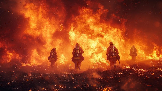 Eine Gruppe von Feuerwehrleuten steht vor einem Feuer