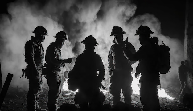 Eine Gruppe von Feuerwehrmännern steht um ein Feuer herum.