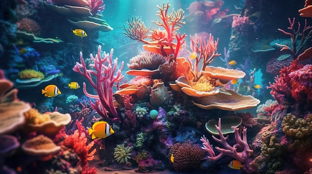 Eine Gruppe von Fischen, die in einem Korallenriff schwimmen. Generative KI-Kunst