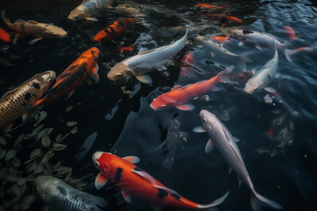 Eine Gruppe von Fischen, die in einem Teich schwimmen