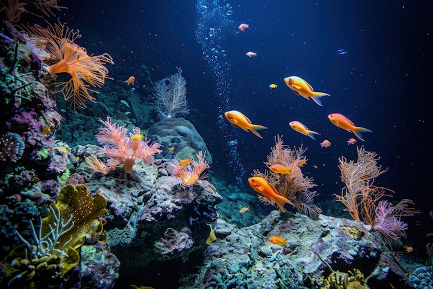 Eine Gruppe von Fischen schwimmt um ein Korallenriff herum