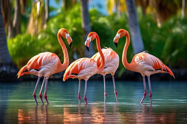 Eine Gruppe von Flamingos steht bei Sonnenuntergang in einem Park im Wasser.