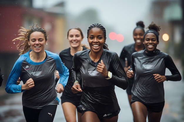 eine Gruppe von Frauen, die im Regen rennen