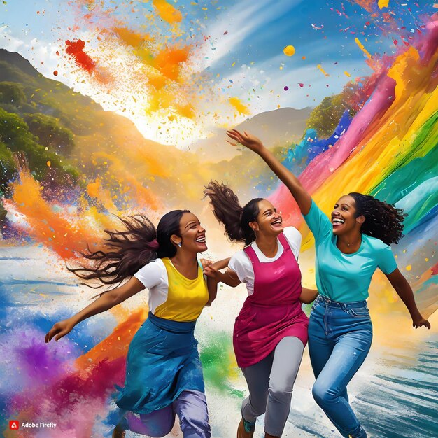 eine Gruppe von Frauen, die im Sand mit Regenbogenfarben im Hintergrund laufen