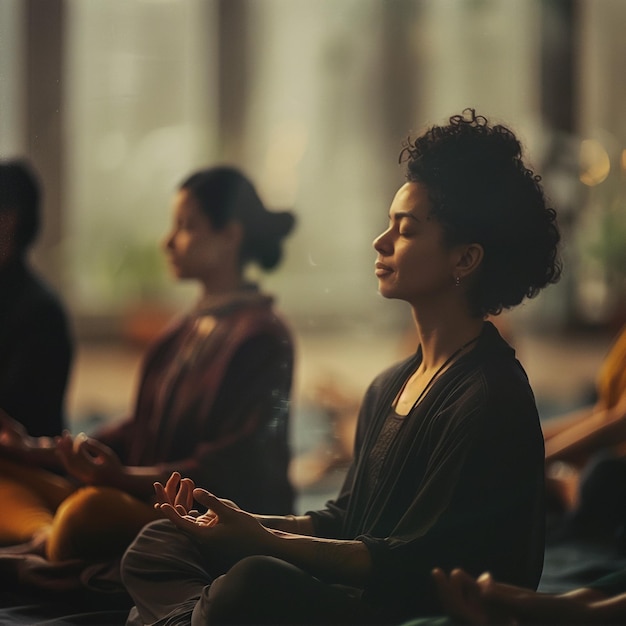 eine Gruppe von Frauen, die in einem Yoga-Studio Yoga praktizieren