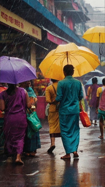 eine Gruppe von Frauen, die mit einem Regenschirm eine Straße entlang laufen