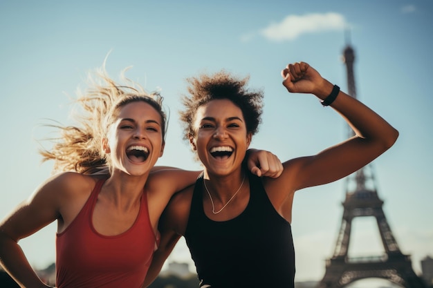 Foto eine gruppe von frauen feiert den sieg bei einem sportwettbewerb mit dem eiffelturm im hintergrund