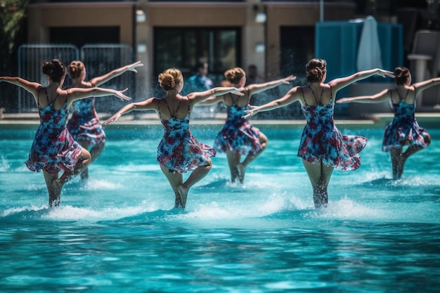 Foto eine gruppe von frauen führt einen stunt in einem pool vor.