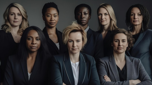 Eine Gruppe von Frauen in Anzügen steht vor einem grauen Hintergrund.