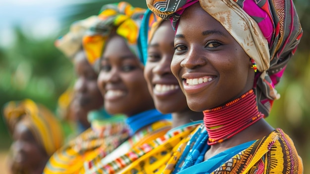 eine Gruppe von Frauen in bunten Outfits lächeln und tragen bunte Outfits