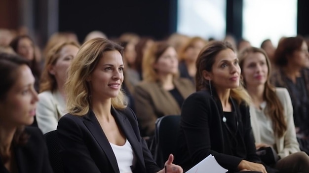 eine Gruppe von Frauen in einer Konferenz mit einem, der einen Ordner hält, der sagt: