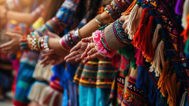 Foto eine gruppe von frauen in farbenfrohen traditionellen kleidern mit vielen schmuckstücken an den händen tanzt. der schwerpunkt liegt auf den händen und dem schmuck.