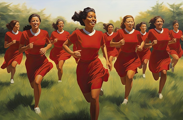 eine Gruppe von Frauen in roten Fußballuniformen läuft im Stil von fröhlich und optimistisch