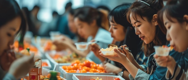 Eine Gruppe von Frauen isst Essen, das in einer Schachtel ist