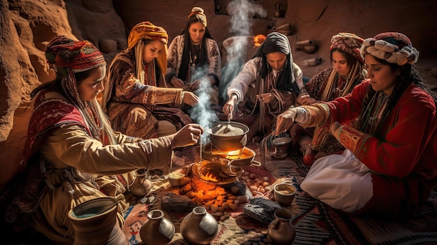 Eine Gruppe von Frauen kocht über einem Feuer, während ein Mann Essen kocht.