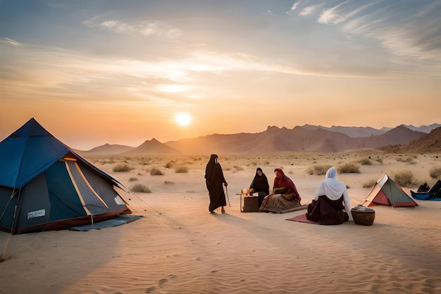 eine Gruppe von Frauen sitzt in der Wüste, von denen die eine blau ist und die andere ein Zelt mit einem blau-weißen Zelt.