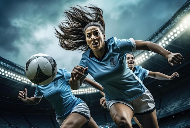 eine Gruppe von Frauen spielt Fußball in einem Stadion im Stil von hellblau und dunkelschwarz