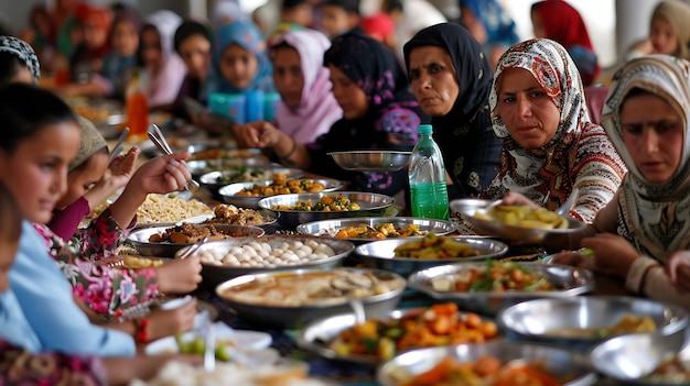 Eine Gruppe von Frauen und Kindern isst zusammen ein Essen, die Frauen tragen traditionelle Kopftuche, das Essen wird auf großen Tellern serviert.