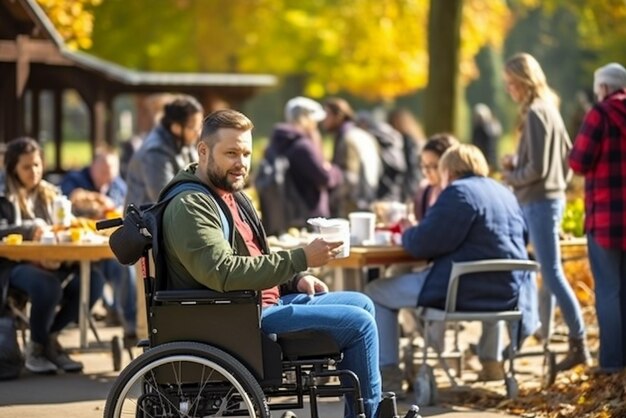 Foto eine gruppe von freiwilligen hilft in einer örtlichen lebensmittelbank und verteilt an einem sonnigen tag in einem park kostenlose lebensmittel an bedürftige