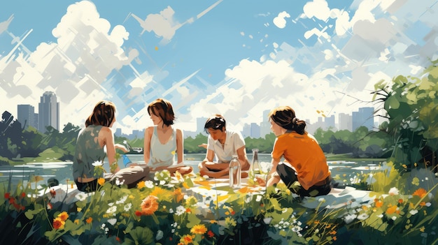 eine Gruppe von Freunden bei einem Picknick in einem sonnigen Park