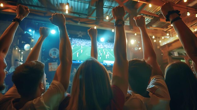 Foto eine gruppe von freunden beobachtet in einer bar ein fußballspiel im fernsehen und feiert ein tor