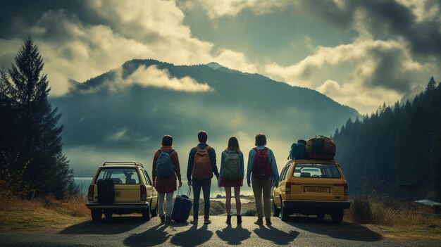 Foto eine gruppe von freunden beschließt, sich auf eine reise durch das land zu begeben, um zu entdecken,