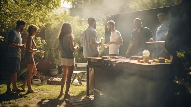 Eine Gruppe von Freunden, die sich um ein BBQ versammeln, um sich an einem Sommertag zu entspannen und dabei die Sonne zu genießen Generative KI