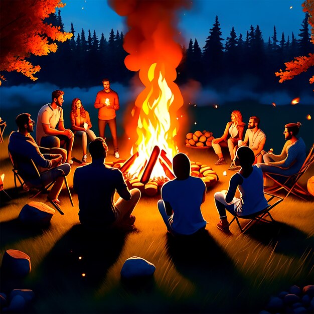 Eine Gruppe von Freunden, die sich um ein Lagerfeuer versammelt haben und Marshmallows braten