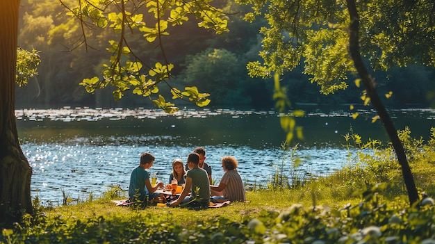 Eine Gruppe von Freunden entspannt sich bei einem Picknick am See. Sie sitzen auf einer Decke, essen, trinken und reden.