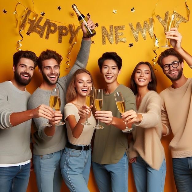 Foto eine gruppe von freunden feiert das neue jahr mit champagnergläsern auf einer isolierten ebene.
