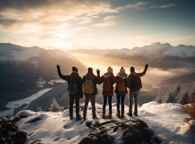 Foto eine gruppe von freunden geht mit den armen auf einem schneebedeckten bergfelsen.