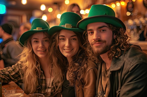 Foto eine gruppe von freunden genießt am st. patrick's day getränke in einer bar mit festlicher kleidung