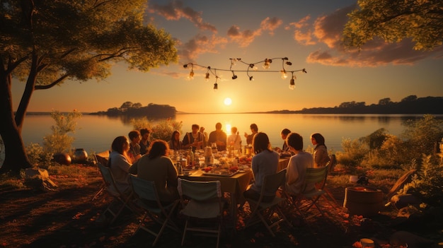 Eine Gruppe von Freunden genießt die Gesellschaft bei einem unglaublichen Sonnenuntergang