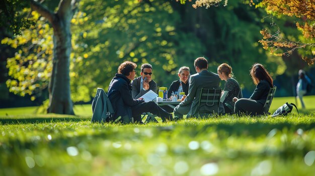 Eine Gruppe von Freunden genießt ein Picknick im Park. Sie sitzen auf dem Gras und reden. Im Hintergrund ist ein Baum.