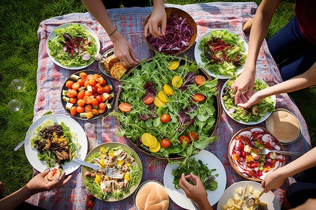 Eine Gruppe von Freunden genießt ein Picknick mit einer großen Schüssel Salat