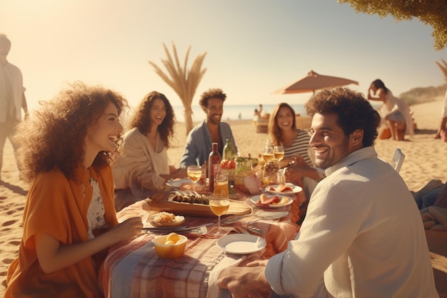 Eine Gruppe von Freunden genießt ein Strandpicknick mit einer generativen Ai