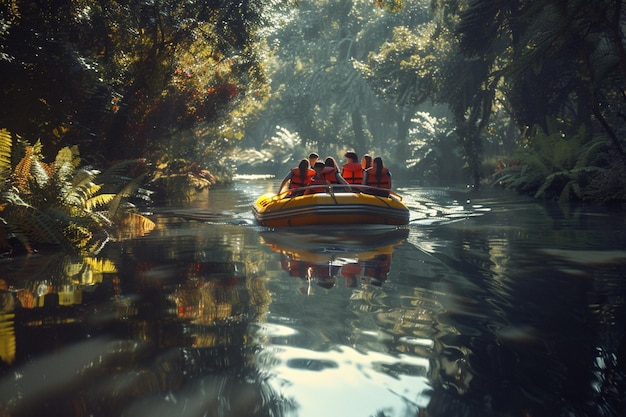 Eine Gruppe von Freunden genießt eine Bootsfahrt auf einem landschaftlich reizvollen Gelände