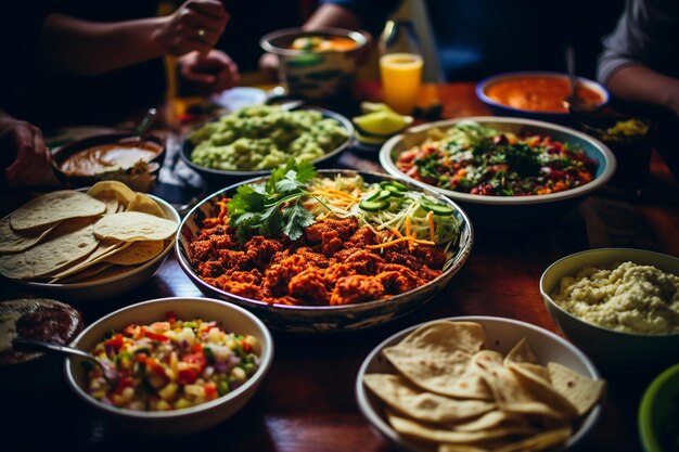 Eine Gruppe von Freunden genießt eine mexikanische Themen-Dinnerparty mit Margaritas