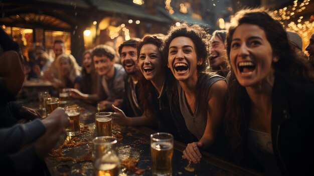 Eine Gruppe von Freunden genießt einen unterhaltsamen Abend in einer Bar, lacht und trinkt Bier. Generative KI