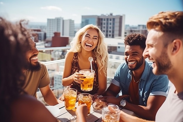 Eine Gruppe von Freunden genießt Eistee auf einer Dachterrasse