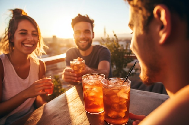 Eine Gruppe von Freunden genießt Eistee auf einer Dachterrasse