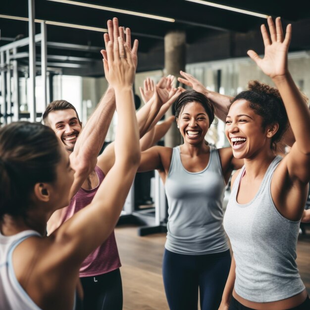 Eine Gruppe von Freunden highfiving einander nach einer herausfordernden Workout-Klasse