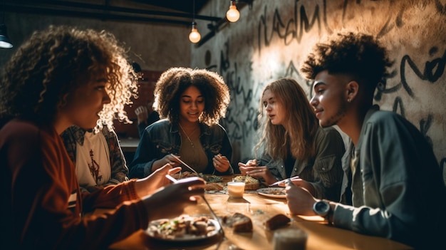 Eine Gruppe von Freunden isst in einem Restaurant.