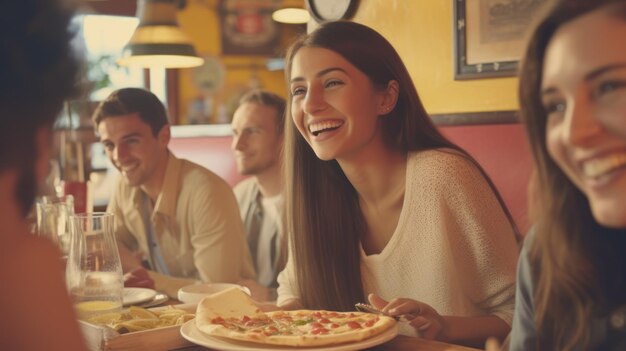 Eine Gruppe von Freunden isst zusammen Pizza